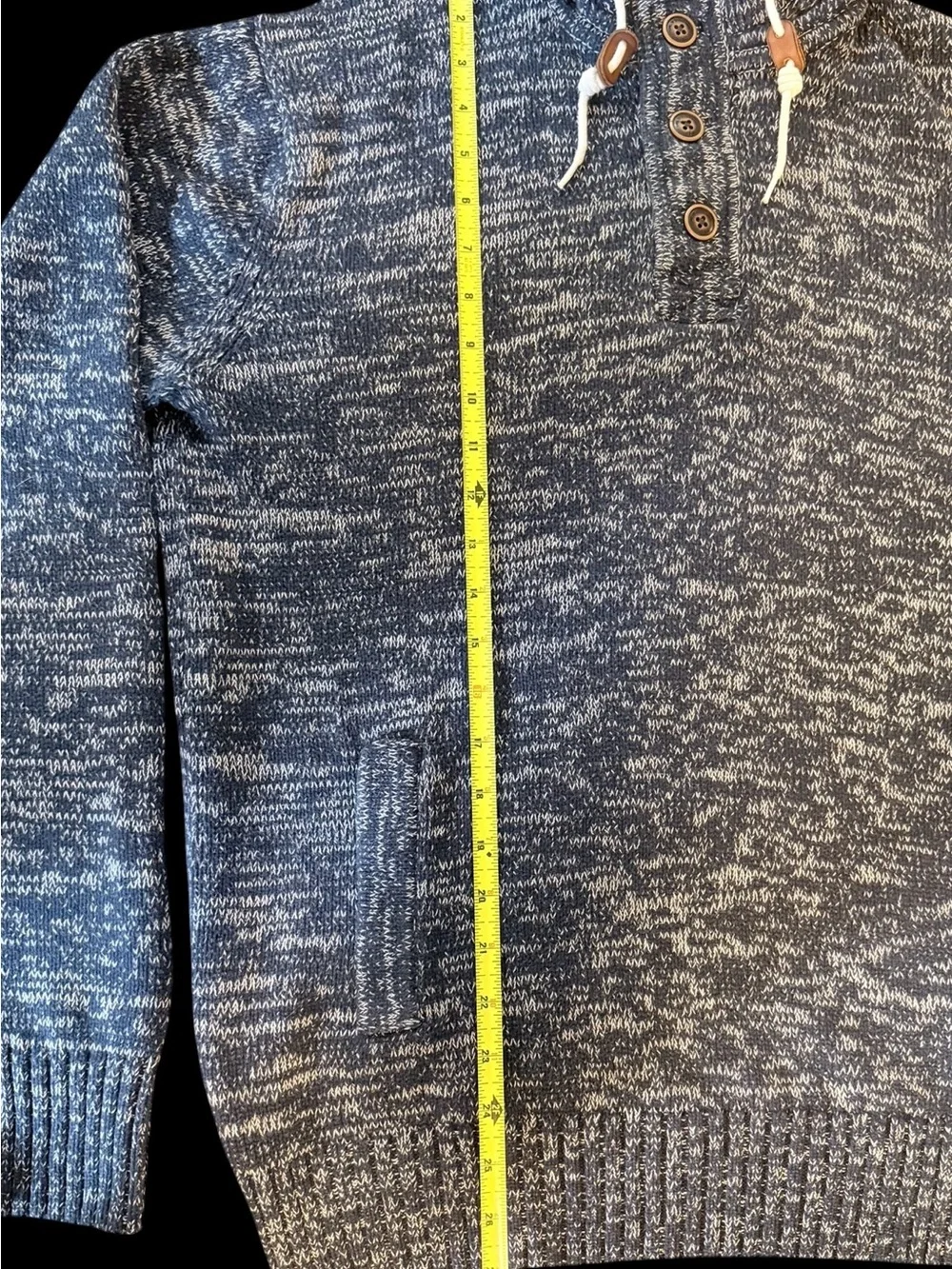 H&M L.O.G.G. Mens M Blue Marled Knit Henley Hoodie Sweater Kangaroo Pocket
